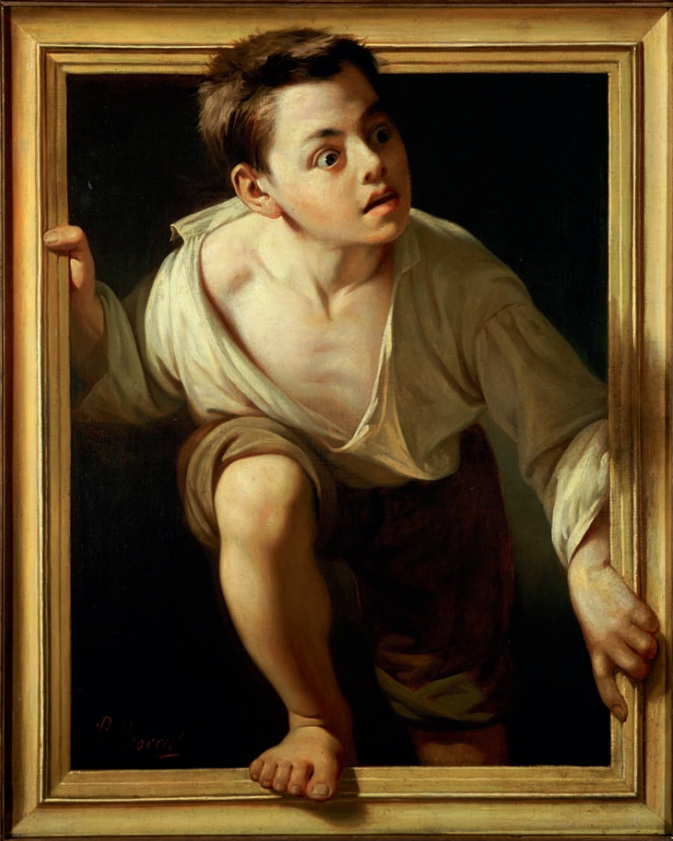 Pere Borrell del Caso《Escaping Criticism》，畫中男孩雙眼圓睜、眼球看起來明顯突出