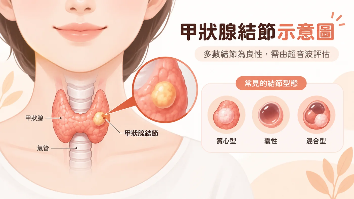 甲狀腺結節位置與常見型態示意圖